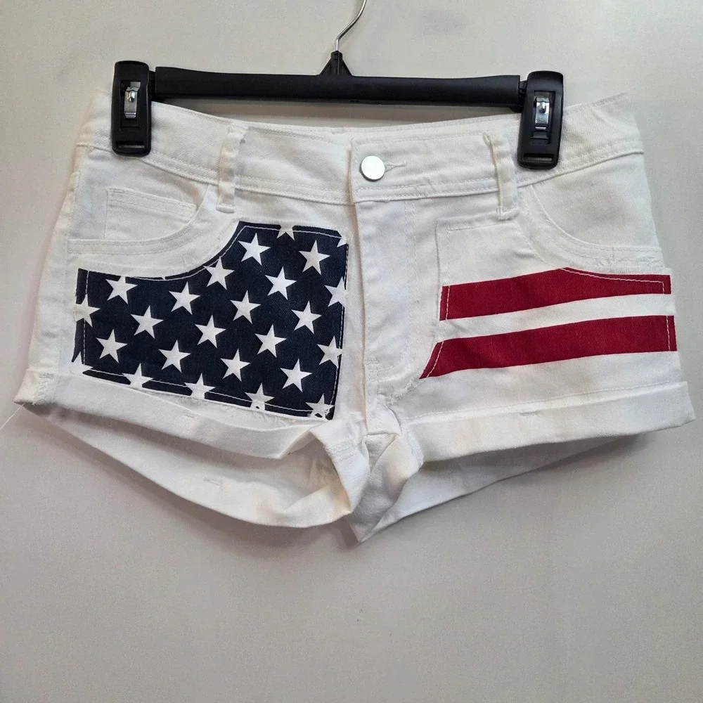 Womens White American Flag Denim Shorts Stars Stripes Patriotic Hot Pants M